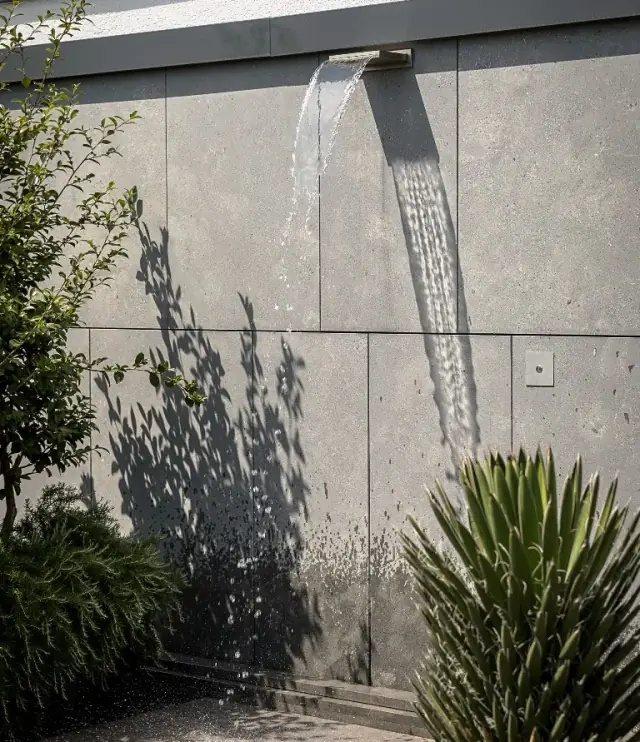 Wasserzulauf eines Gartenbrunnens aus Naturstein